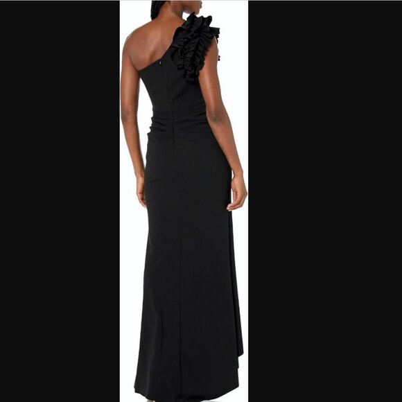 NWOT XSCAPE "Ivy" One-shoulder Ruffle Scuba Crepe Gown, sz 4 - Picture 2 of 12